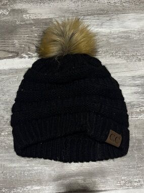 C.C Kids Black Knit Hat with Tan Faux Fur Pom
